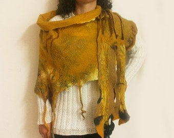 Handmade scarf/shawl from fine merino wool & shiffon - Nuno felting scarf in yellow and brown colors