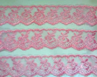 Rose Embroidery Lace Trim, Pink, 1 1/2" inch wide, 1 Yard For Dolls, Accessories, Home Decor, Apparel, Romantic Crafts