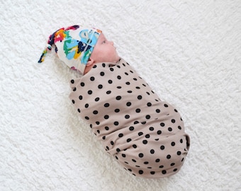 Baby swaddle blanket tan with black dots. Modern neutral baby. Medium size. The softest stretchy knit material. Lippybrand. Baby accessory.