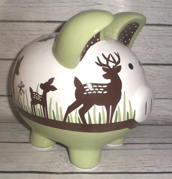Personalized Piggy bank Willow Deer Artisan hand painted