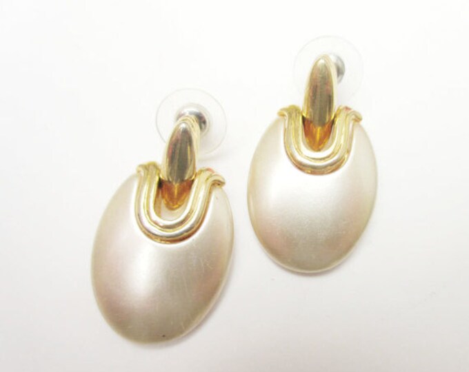 Napier earrings - Gold Pearl white dangle - articulate pierced earrings