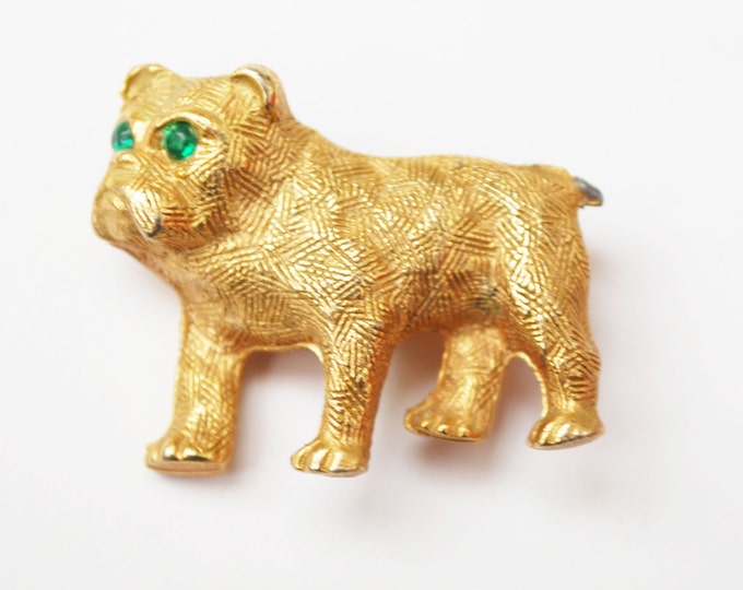 Dog brooch gold tone green rhinestone pit bull bull dog figurine pin