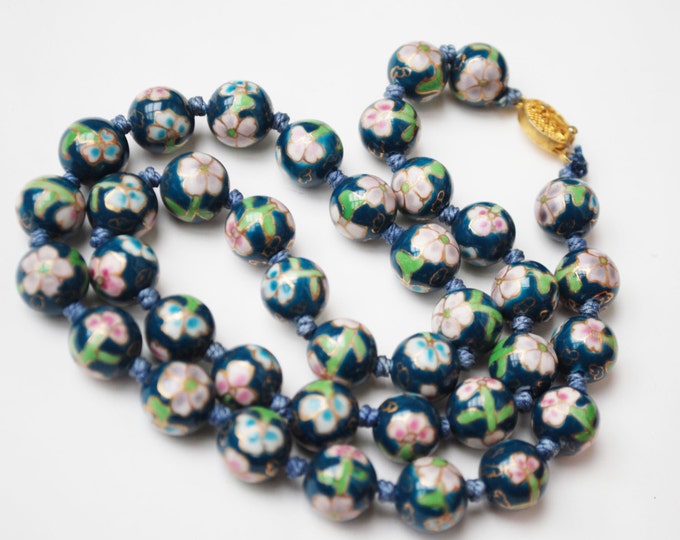 Cloisonne flower Bead Necklace - Aqua Turquoise Blue Green white gold Enameling - Hand knotted 12 mm Chinese beads - 23 inches