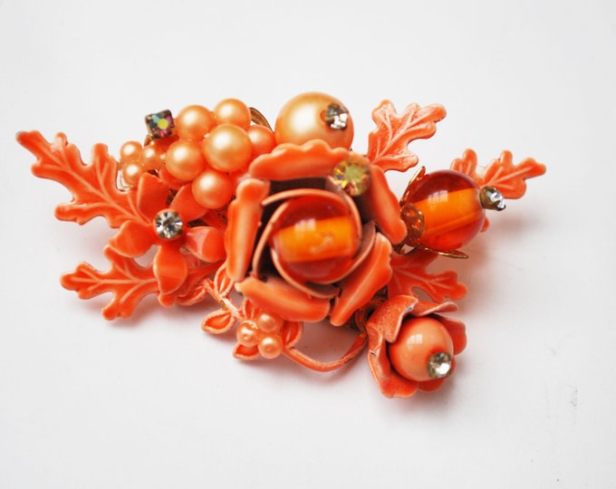 Orange Flower Brooch - Haskell "esque" - wired glass beads and rhinestones - Enamel and Pearls -Floral Bead