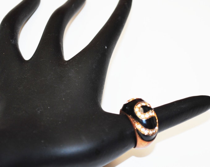 Copper Ring - Black Enamel - Clear Rhinestone - Swirl size 7 Ring