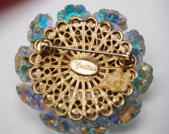 Vendome Brooch - Rivoli Crystal Rhinestone - faux pearl Bead - signed Atomic pin