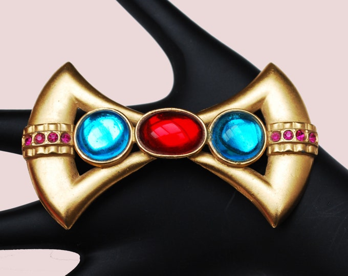 Bow Bar Brooch - Red blue cabochon -Rhinestone Art Deco Style pin