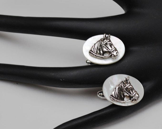 Horse Cuff links - White mother of pearl - silver horse head - Wedding Groom - Equestrian Cuff-links