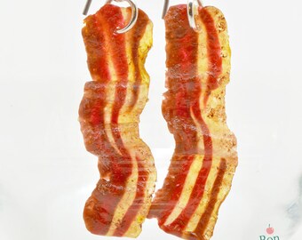 Bacon Earrings, Polymer Clay Food Jewelry, Fake Food Earrings, Bacon Jewelry, Hypoallergenic Hanging Earrings, Breakfast Jewelry