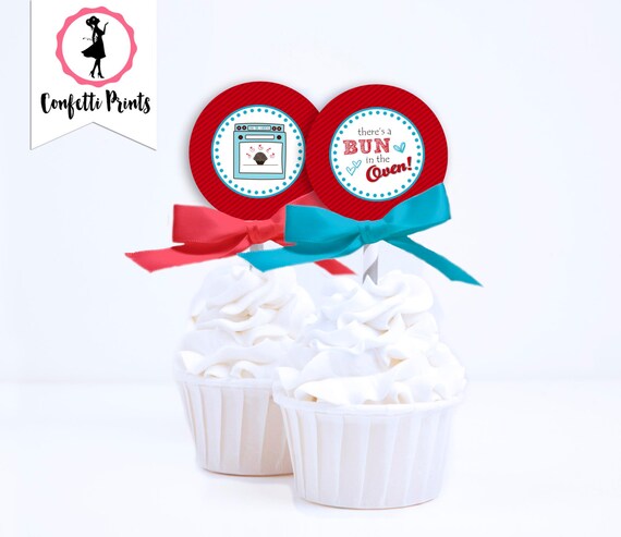BUN In The OVEN Baby Shower Cupcake Toppers | Vintage Baby Shower Cupcake Topper | Baby Sprinkle Cupcake Picks | Pregnancy Announcemnent Il_570xn
