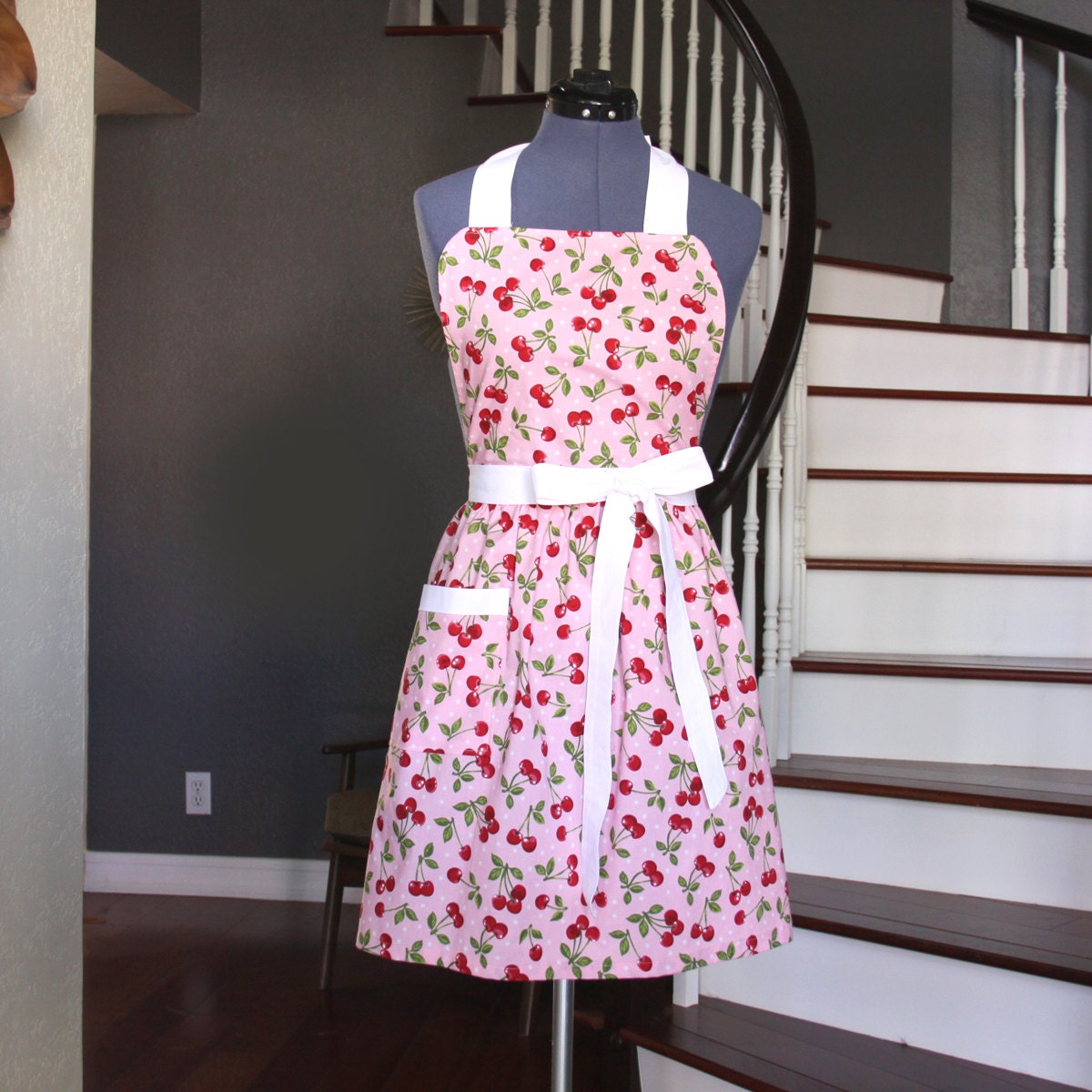 Pink Cherry Handmade Aprons, Aprons for Women, Womens Aprons, Pink