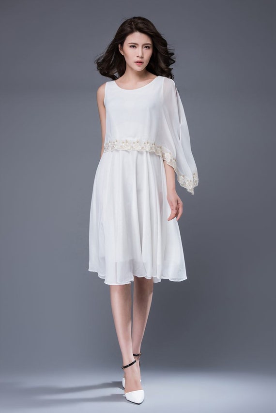 White Chiffon Dress Elegant Asymmetrical Capelet by YL1dress