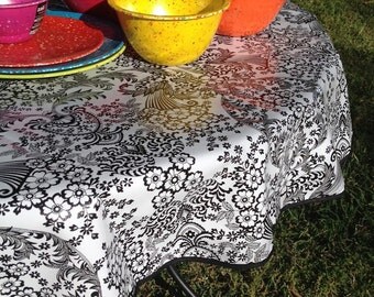 60" Oilcloth Tablecloth Round BLACK Toile Lace (WITH HOLE) Black Trim Oil Cloth Pool Beach Patio Bbq Party Holiday Rv Camper Outdoor USAmade