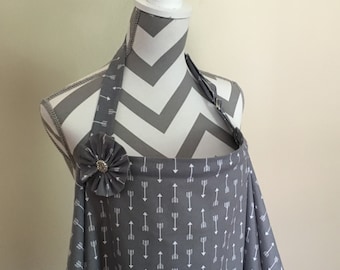 Grey arrows Nursing Cover - grey and white arrows print breastfeeding cover hooter hider with a fabric flower clippie- ready to ship