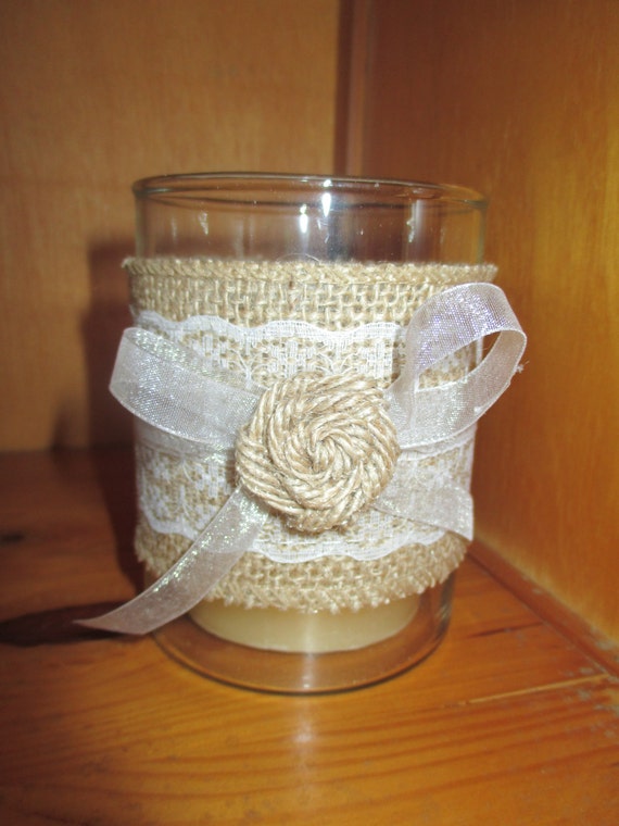 Wedding decor burlap and lace ribbon candle holder table