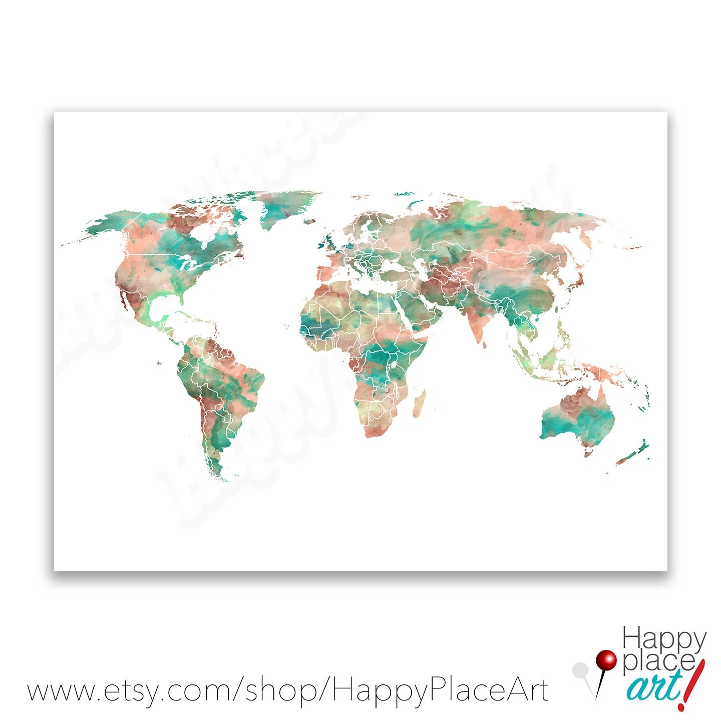 mint-green-lime-and-peach-world-map-print-8x10-11x14-or