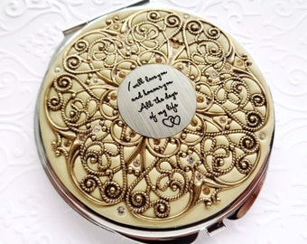 Vintage Wedding Golden I love you Compact Mirror Extra Large Custom Color, Groom to Bride Gift, Wedding Party Gifts real Swarovski Crystals