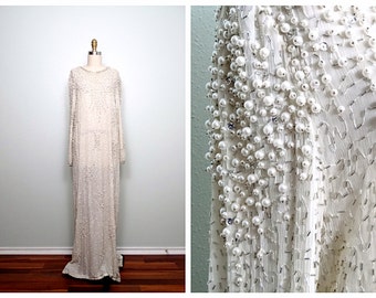 Vintage Pearl Beaded Wedding Dress / Ivory Silk Glass Beaded Gown / Heavily Embellished Iridescent Wedding Gown