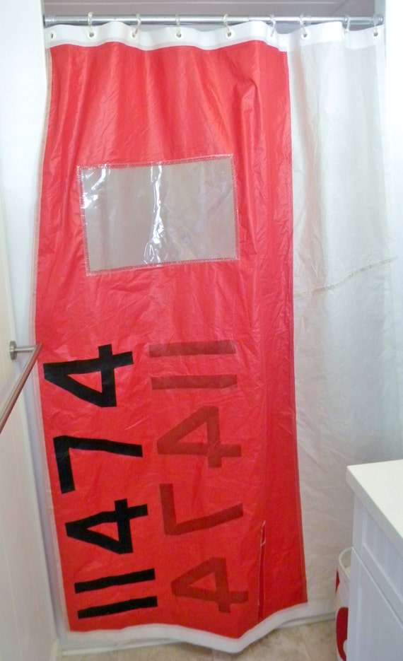 Best ever shower curtain: recycled vintage Windsurfer Sail