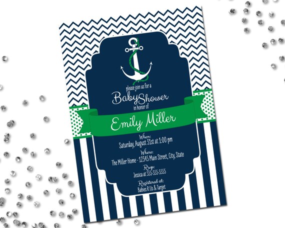 Nautical Baby Shower Invitation - Ahoy Its A Boy - Navy Fill and Green - Chevron Stripes and Stripes - Printable Il_570xn