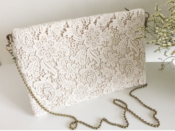 Handmade Shabby Chic Cotton Wedding Bag, Lace Bag, Cross Shoulder Bag, Vintage Style, Ivory/Off White, Make to Order, L002