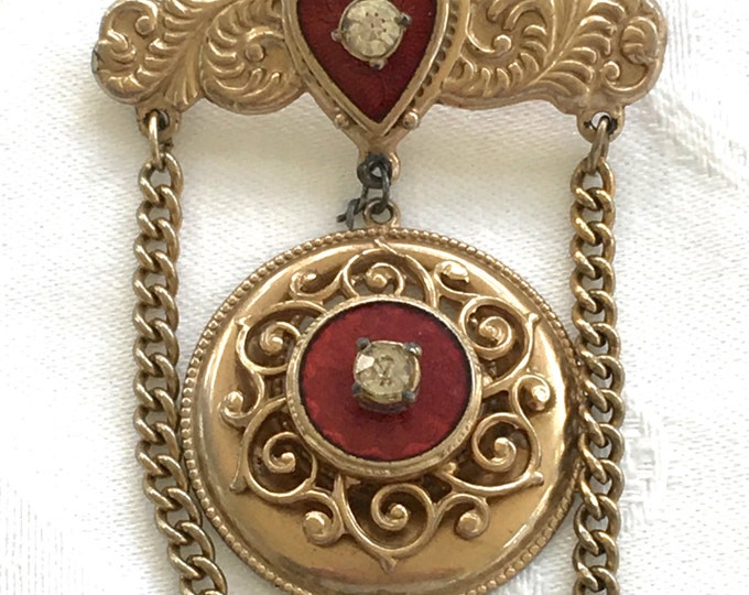 Vintage Filigree Dangle Brooch Swag Chain Enamel Heart Statement Pin