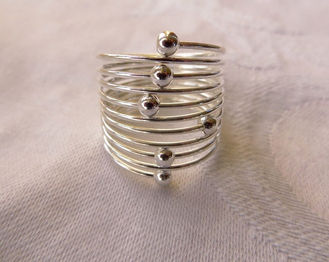 Sterling Stack Ring, Silver Beaded Stack Ring, Moving Beads, 10 Row Multiband Ring, Size 7