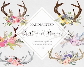 Watercolor Antlers & Flowers Clipart Files - High Res Transparent PNG - Hand Painted Digital Scrapbook elements - Instant download