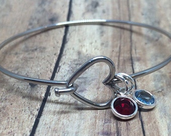 Personalized Birthstone Bangle Bracelet, Heart Bracelet, Love Birthstone Jewelry, Gift for her, Mothers Jewelry, Gift for Mom