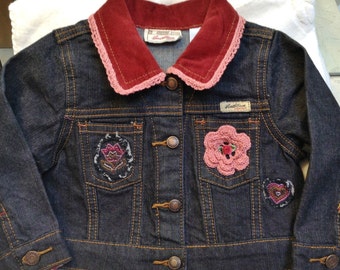 Baby Girls Infant Toddler Black Burgundy Mauve Denim Jacket - Handmade Irish Rose and Lace - Sizes 12, 18, and 24 months