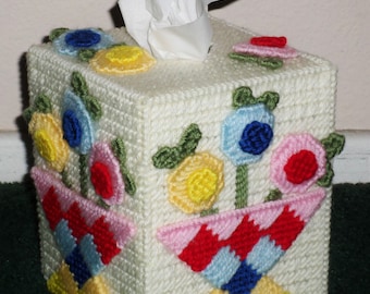 Plastic Canvas Tissue Box Cover - Pretty Flowered Tissue Box Cover Made From Plastic Canvas And Yarn - House Warming Gift Ideas