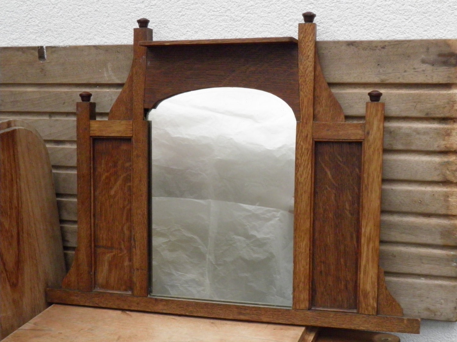 Vintage Oak Wood Frame Mirror With Little Shelf/ Ledge
