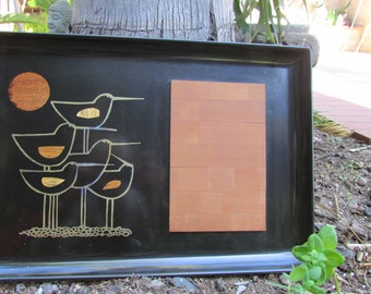 Couroc Tray Monterey California Birds Wood Inlay Wood Cutting Board Dinning Serving
