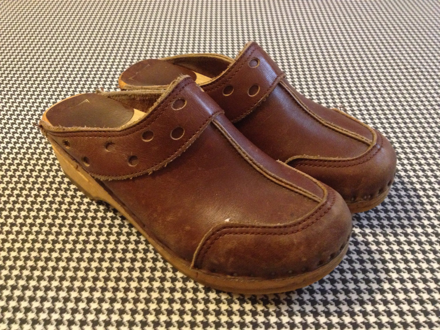 1970's wooden sole brown leather clogs by Bastad