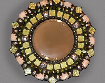 Spring Green Glitter Elephants Silver Mosaic Mirror
