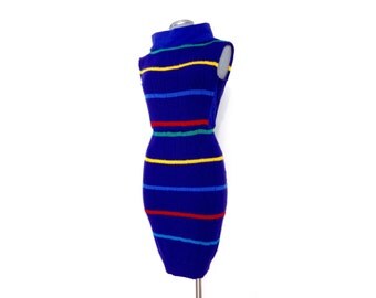 Royal blue sweater dress with multi-colored stripes
