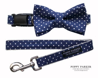 Navy Polka Dot Layered Dog Bow Tie - Optional Matching Dog Collar Dog Leash - Dog of Honor