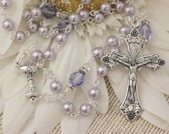 Catholic Swarovski Lavender Pearl First Holy Communion Rosary