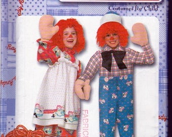 Raggedy Ann and Andy Costume Pattern, Kids Sizes 3,4,5,6,7,8, Simplicity 9375, Uncut, Costume, Mitts and Wig Instructions Included