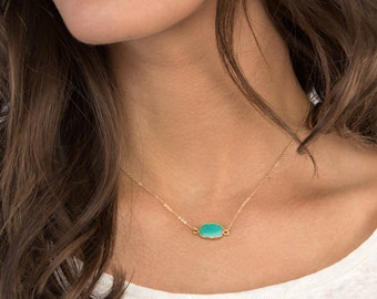 Gem Slice Necklace / Gold Edged Stone on Gold fill Chain / Turquoise Necklace / Simple Gemstone Necklace / Layered and Long LN703