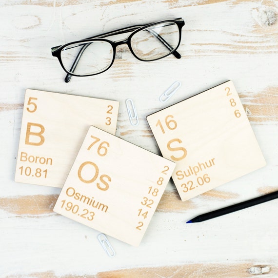 elements periodic words table full of Secret BOSS Geek Wooden COASTERS Elements Set. Table Periodic Fun