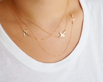 Flying Birds Necklace, Three Layered Necklace, Available in Sterling Silver, Gold Filled and Rose Gold Filled