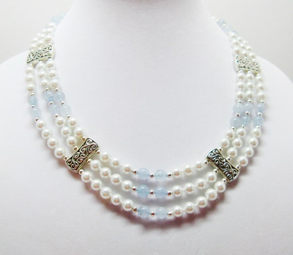 White Pearl Wedding Statement Necklace by Louisefashionjewelry