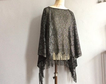 vintage lurex fringed poncho metallic knit poncho black silver jacquard weave metallic cape vintage black fringed vtg poncho boat neck