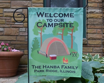 Personalized Camping Flag, Garden or House Flag, Welcome to our Campsite, Tent, CF-14