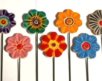 Ceramic Flowers- Planter decor- Garden decor- Ceramic- Spring- Planter art-Planter stake-Herb signs-Garden-Mums day-Office-Home-Summer