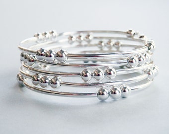 Silver Memory Wire Bracelet, 5 Row Beaded Coil, Silver Wrap Bracelet, Bold Coil Bracelet, Silver Cuff Bracelet, Silver Tubes and Beads
