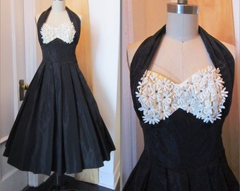 Vintage 1950's Black and White Taffeta Halter Dress with 3D Rhinestone Flower Bust Size XS