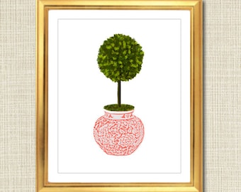 Pink and White Ginger Jar Digital Art Print, Boxwood Topiary, Chinoisierie Chic, INSTANT DOWNLOAD Coral and White Porcelain Giclee Printable