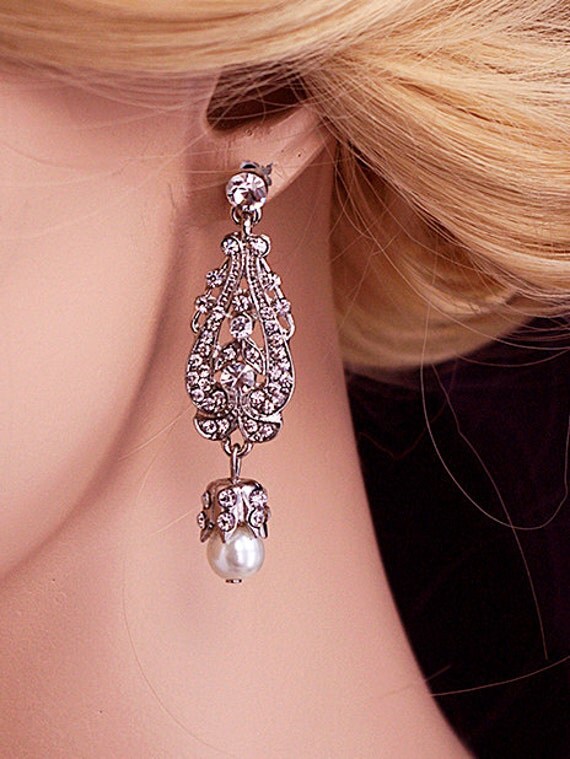 Victorian pearl chandelier earrings, Drop earrings, Rhinestone earrings